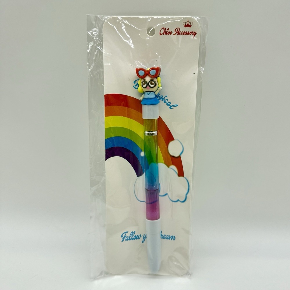 Rainbow Glitter Pen By Chloe White Cap Girl With Bow On‎ Top Black Ink See Notes